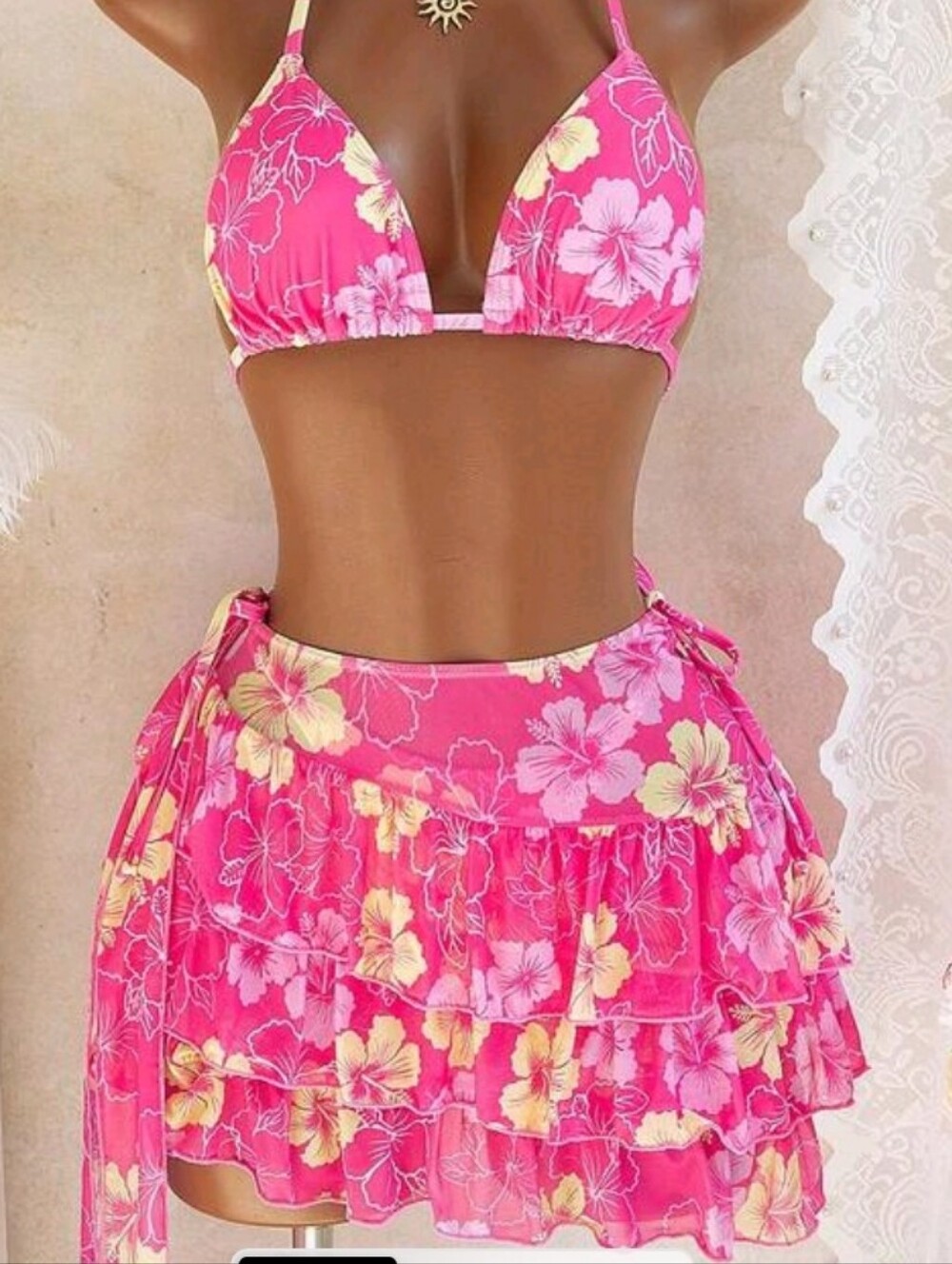 Women’s Pink Floral Bikini Set with Ruffle Cover-Up